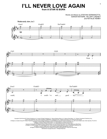 Free Sheet Music I Will Never Love Again From A Star Is Born