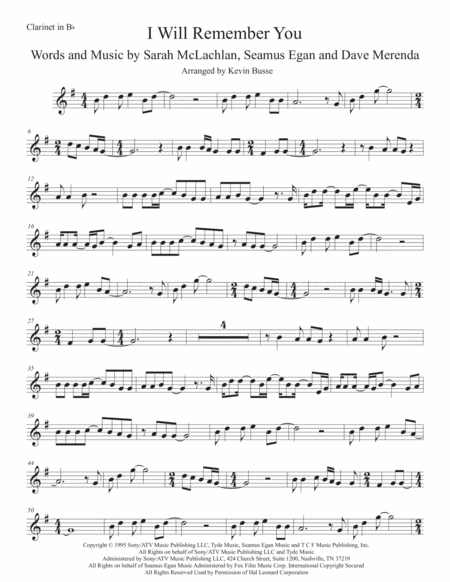 Free Sheet Music I Will Remember You Clarinet Easy Key Of C