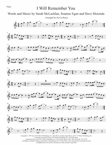 Free Sheet Music I Will Remember You Flute Easy Key Of C