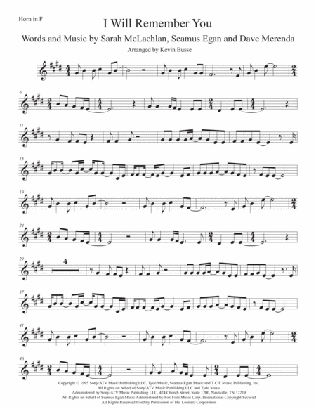 Free Sheet Music I Will Remember You Horn In F Original Key