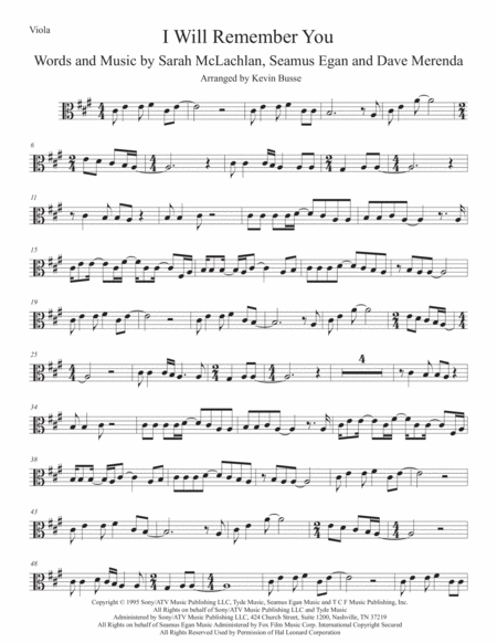 I Will Remember You Viola Original Key Sheet Music