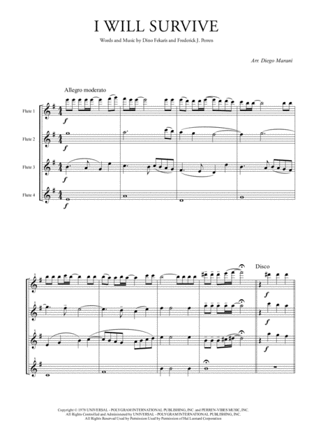 Free Sheet Music I Will Survive For Flute Quartet