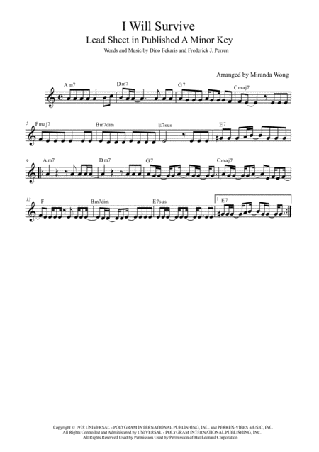 I Will Survive Lead Sheet In Published A Minor With Chords Sheet Music