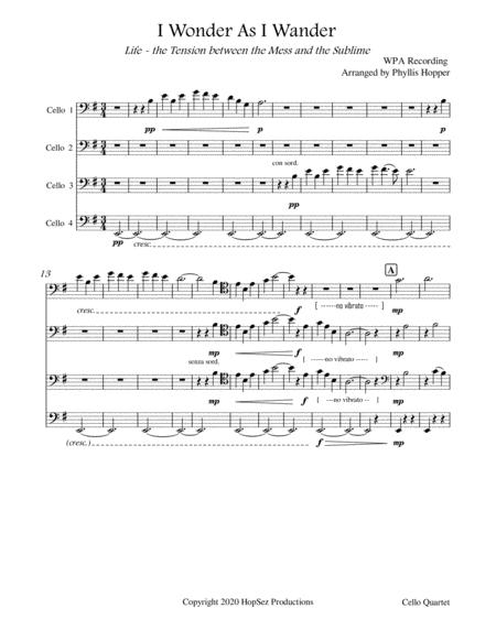 I Wonder As I Wander Cello Quartet Sheet Music