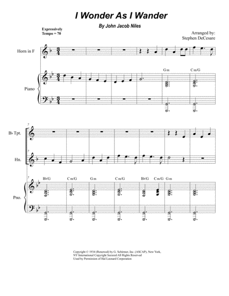 I Wonder As I Wander Duet For Bb Trumpet And French Horn Sheet Music