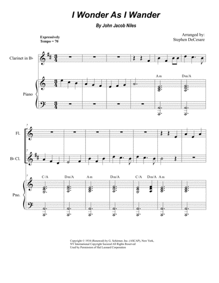 Free Sheet Music I Wonder As I Wander Duet For Flute And Bb Clarinet