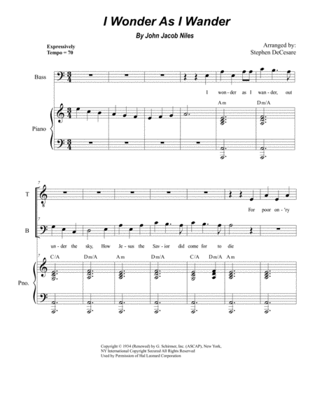 Free Sheet Music I Wonder As I Wander Duet For Tenor And Bass Solo