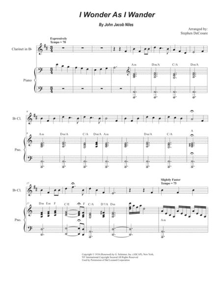 Free Sheet Music I Wonder As I Wander For Bb Clarinet Solo And Piano