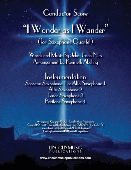 I Wonder As I Wander For Saxophone Quartet Satb Or Aatb Sheet Music