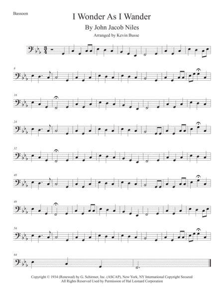 I Wonder As I Wander Original Key Bassoon Sheet Music