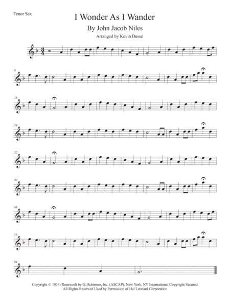 Free Sheet Music I Wonder As I Wander Original Key Tenor Sax