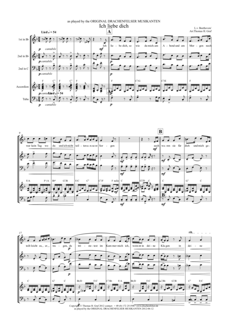 Free Sheet Music Ich Liebe Dich Beethoven Drachenfelser Musikanten Quartet