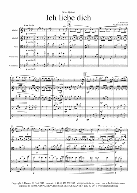 Ich Liebe Dich Beethoven Goes Polka String Quintet Sheet Music