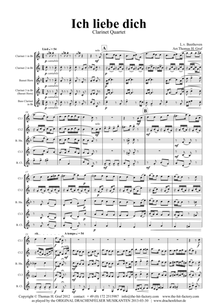 Free Sheet Music Ich Liebe Dich Beethoven Lied Polka Clarinet Quartet