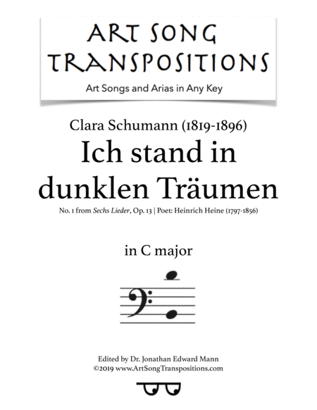 Ich Stand In Dunklen Trumen Op 13 No 1 Transposed To C Major Bass Clef Sheet Music