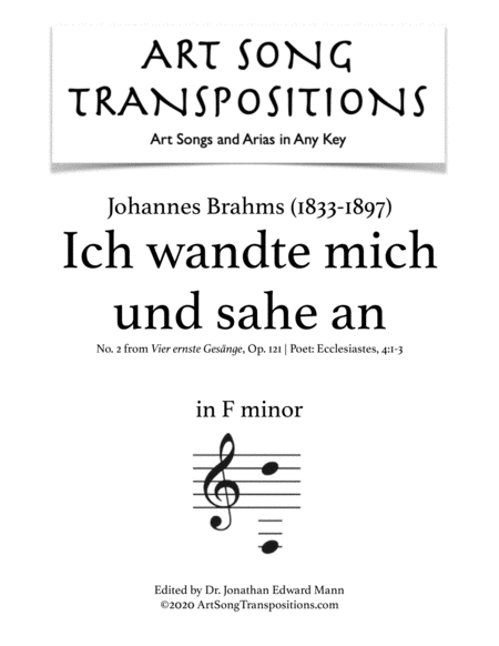 Ich Wandte Mich Und Sahe An Op 121 No 2 Transposed To F Minor Sheet Music