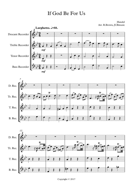 If God Be For Us Handels Messiah Recorder Quartet Sheet Music