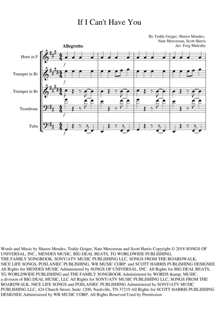 Free Sheet Music If I Cant Have You By Shawn Mendes For Brass Quintet