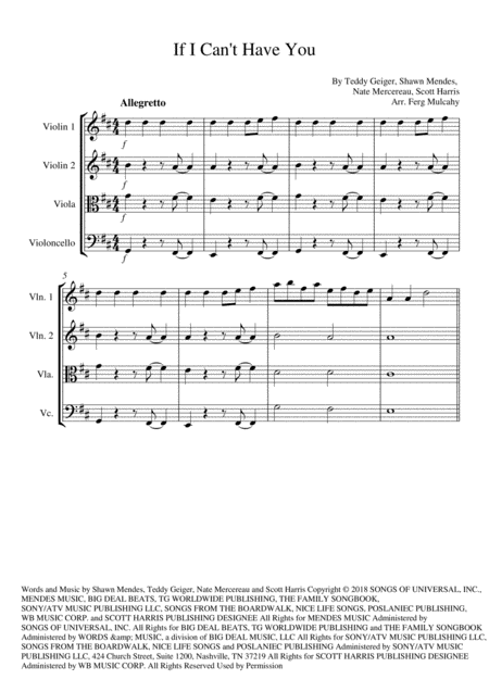 Free Sheet Music If I Cant Have You By Shawn Mendes For String Quartet