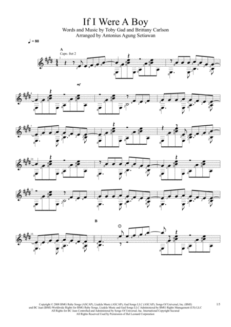 Free Sheet Music If I Were A Boy Solo Guitar Score