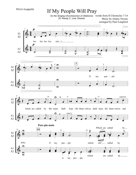 Free Sheet Music If My People Will Pray Ssaa Acappella