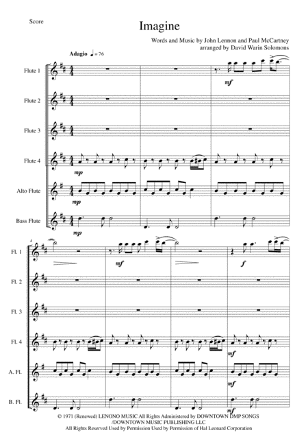 Free Sheet Music Imagine By John Lennon Arranged For Flute Sextet Or Flute Choir
