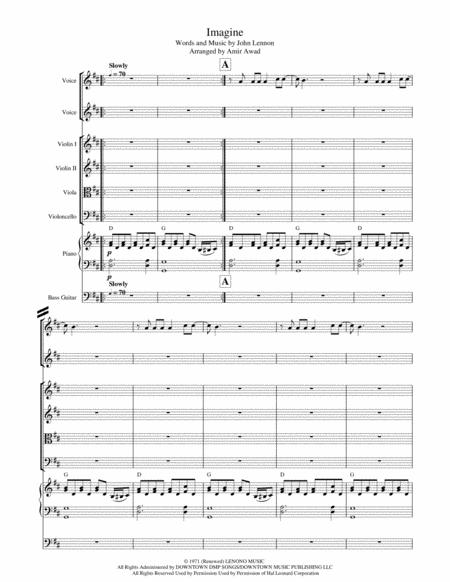 Free Sheet Music Imagine By John Lennon For Voice Piano And String Quartet Ensemble And Bass Guitar In D
