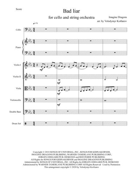 Imagine Dragons Bad Liar For Cello Solo String Orchestra Piano And Drums Sheet Music