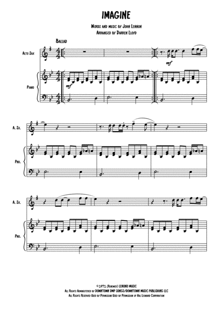 Imagine For Alto Saxophone And Piano Accompaniment Sheet Music