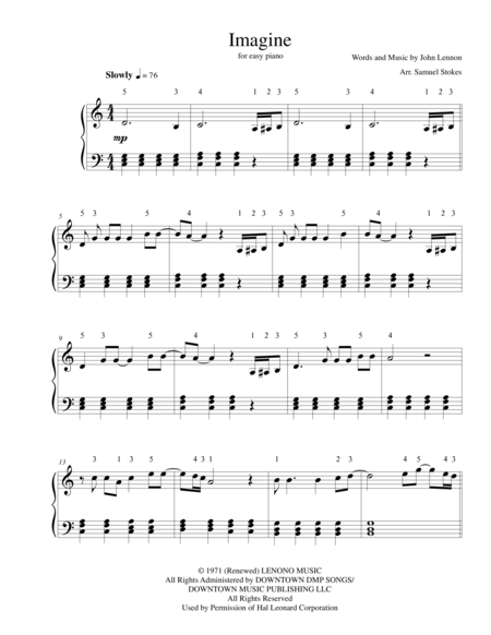 Free Sheet Music Imagine For Easy Piano