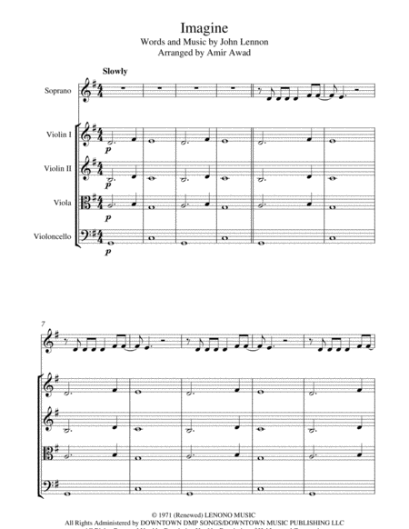 Imagine For Solo Singer Or Instrument With String Quartet Orchestra Sheet Music