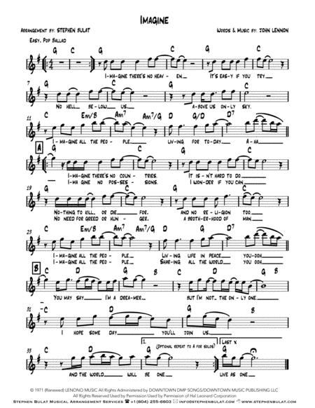 Free Sheet Music Imagine John Lennon Lead Sheet Key Of G