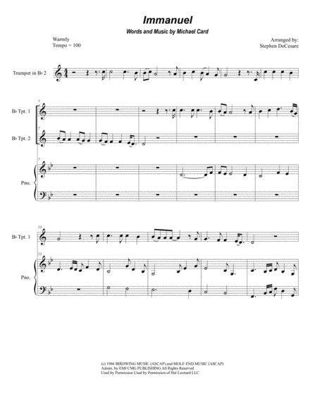 Free Sheet Music Immanuel Duet For Bb Trumpet