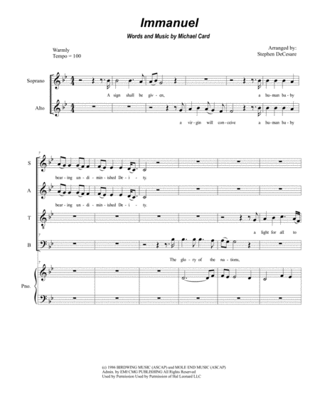 Free Sheet Music Immanuel For Satb