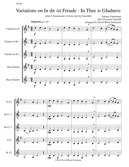 Free Sheet Music In Dir Ist Freude In Thee Is Gladness For Clarinet Quintet E Flat 2 B Flats Alto Bass
