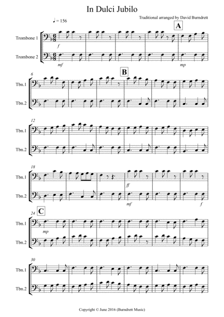 Free Sheet Music In Dulci Jubilo For Trombone Duet