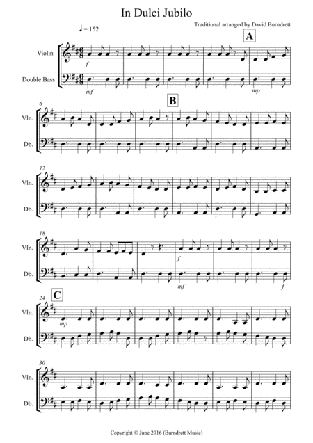 In Dulci Jubilo For Violin And Double Bass Duet Sheet Music