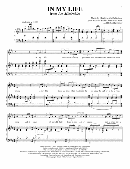 In My Life From Les Miserables Sheet Music