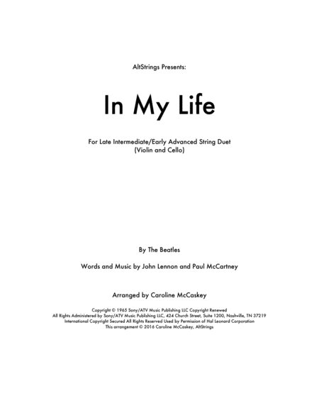 Free Sheet Music In My Life Violin And Cello Duet