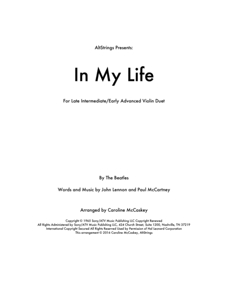 In My Life Violin Duet Sheet Music