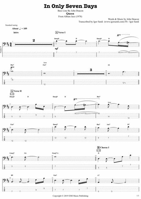 In Only Seven Days Queen John Deacon Complete And Accurate Bass Transcription Whit Tab Sheet Music