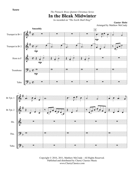 In The Bleak Midwinter Christmas Carol For Brass Quintet Sheet Music