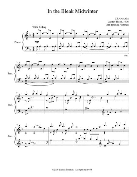 Free Sheet Music In The Bleak Midwinter Piano Solo Arr Brenda Portman