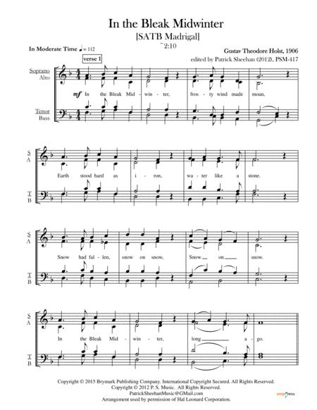 In The Bleak Midwinter Satb Madrigal Sheet Music