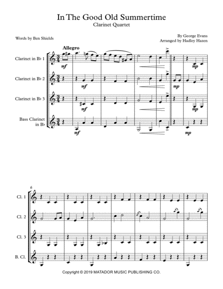 In The Good Old Summertime For Clarinet Quartet Sheet Music