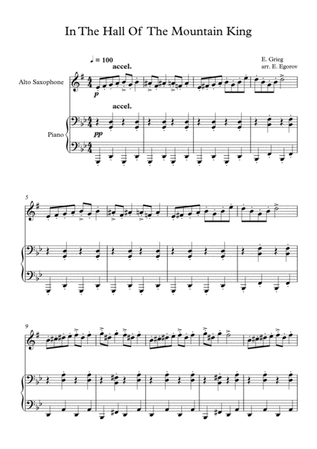 In The Hall Of The Mountain King Edvard Grieg For Alto Saxophone Piano Sheet Music