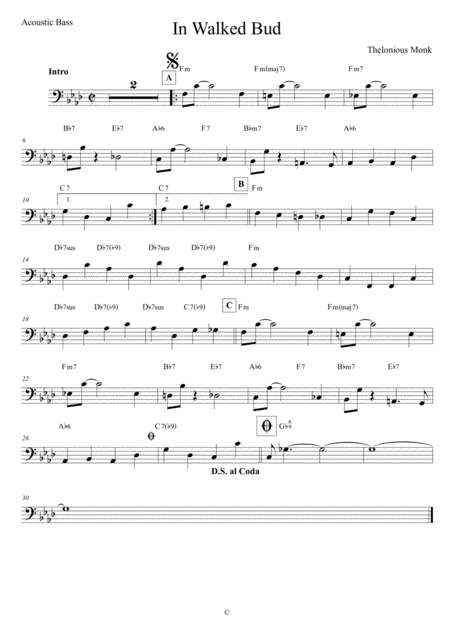 In Walked Bud Acoustic Bass Sheet Music