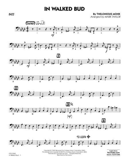 In Walked Bud Arr Mark Taylor Bass Sheet Music