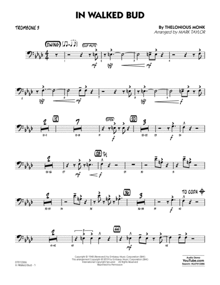 In Walked Bud Arr Mark Taylor Trombone 3 Sheet Music