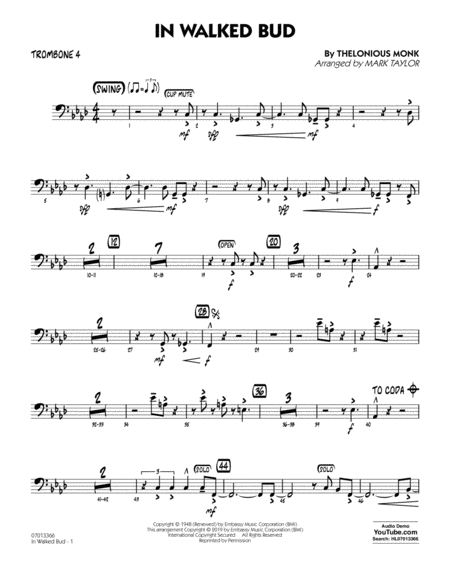 In Walked Bud Arr Mark Taylor Trombone 4 Sheet Music